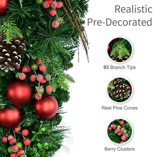 Puleo International 28" Pre-Lit Ornaments, Pinecones & Red Berries Artificial Teardrop Swag
